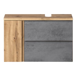 Held Möbel Unterbeckenschrank Ancona, 85cm, Betongrau/Wotaneiche, mit zwei Schubladen und Siphonausschnitt rechts.