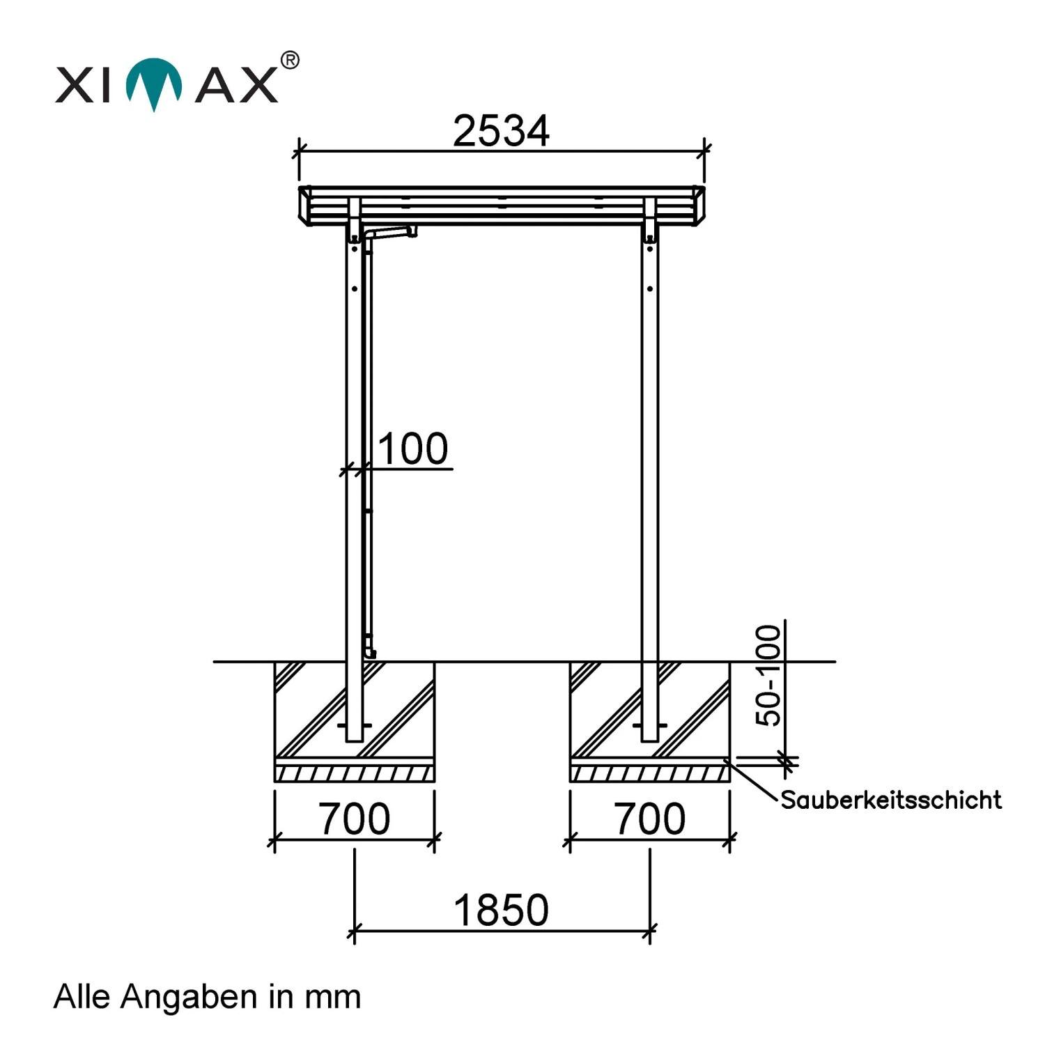 Technische Zeichnung Ximax Alu Carport Smart Port Typ 60: Maße und Details zum Einzelcarport.