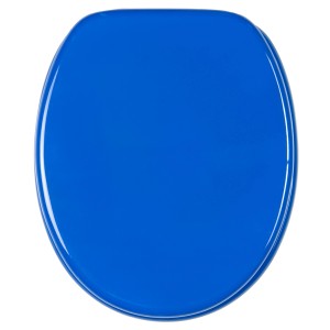 Blauer Sanilo WC-Sitz mit Absenkautomatik aus Holz, Top-Ansicht.
