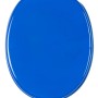 Blauer Sanilo WC-Sitz mit Absenkautomatik aus Holz, Top-Ansicht.