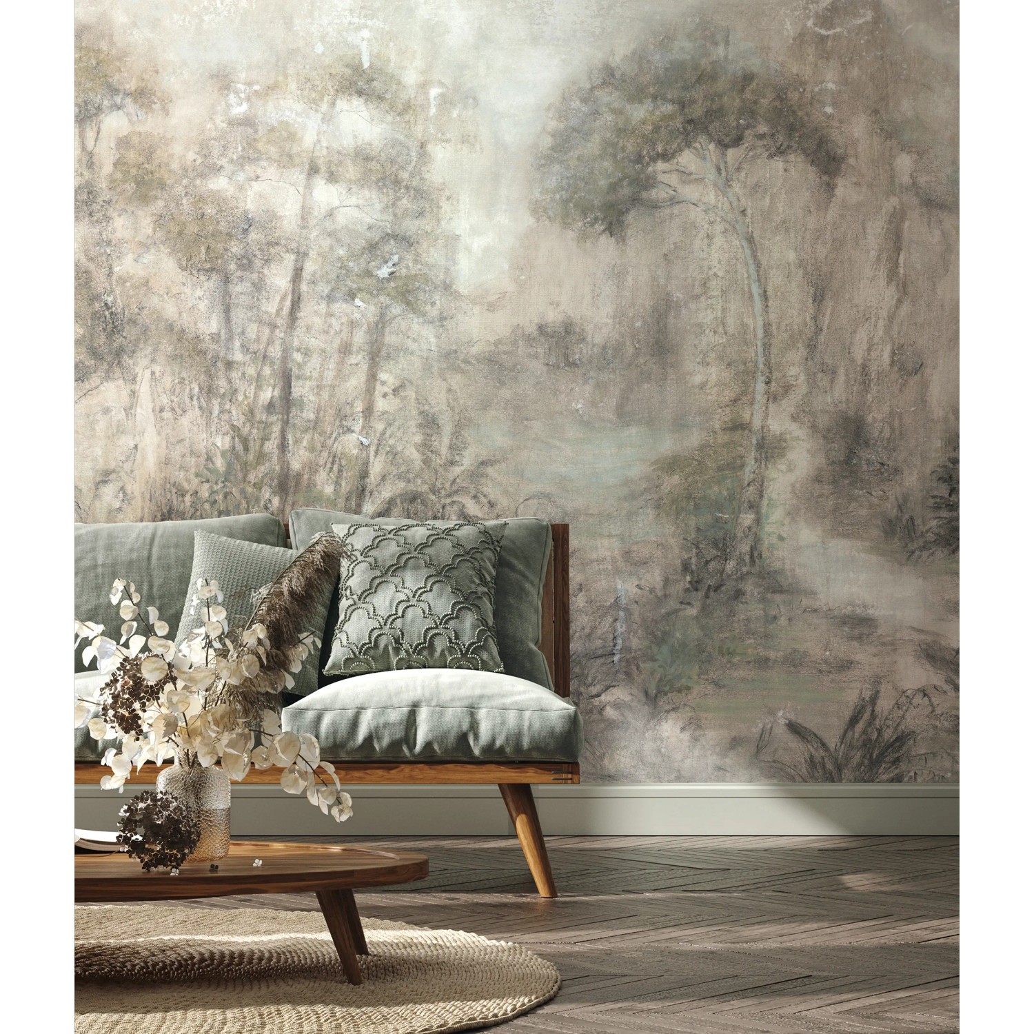 Beige Marburg Vliestapete mit gemaltem Waldmotiv, florales Design, moderne Fototapete.