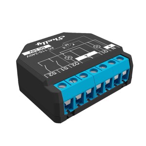 Shelly Relaismodul Plus 2PM Schwarz für Hausautomation mit 2 Kanälen und blauen Anschlüssen.