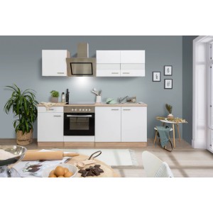 Respekta Economy Küchenzeile KB210ESWSC in Weiß und Eiche Sägerau mit Elektrogeräten.