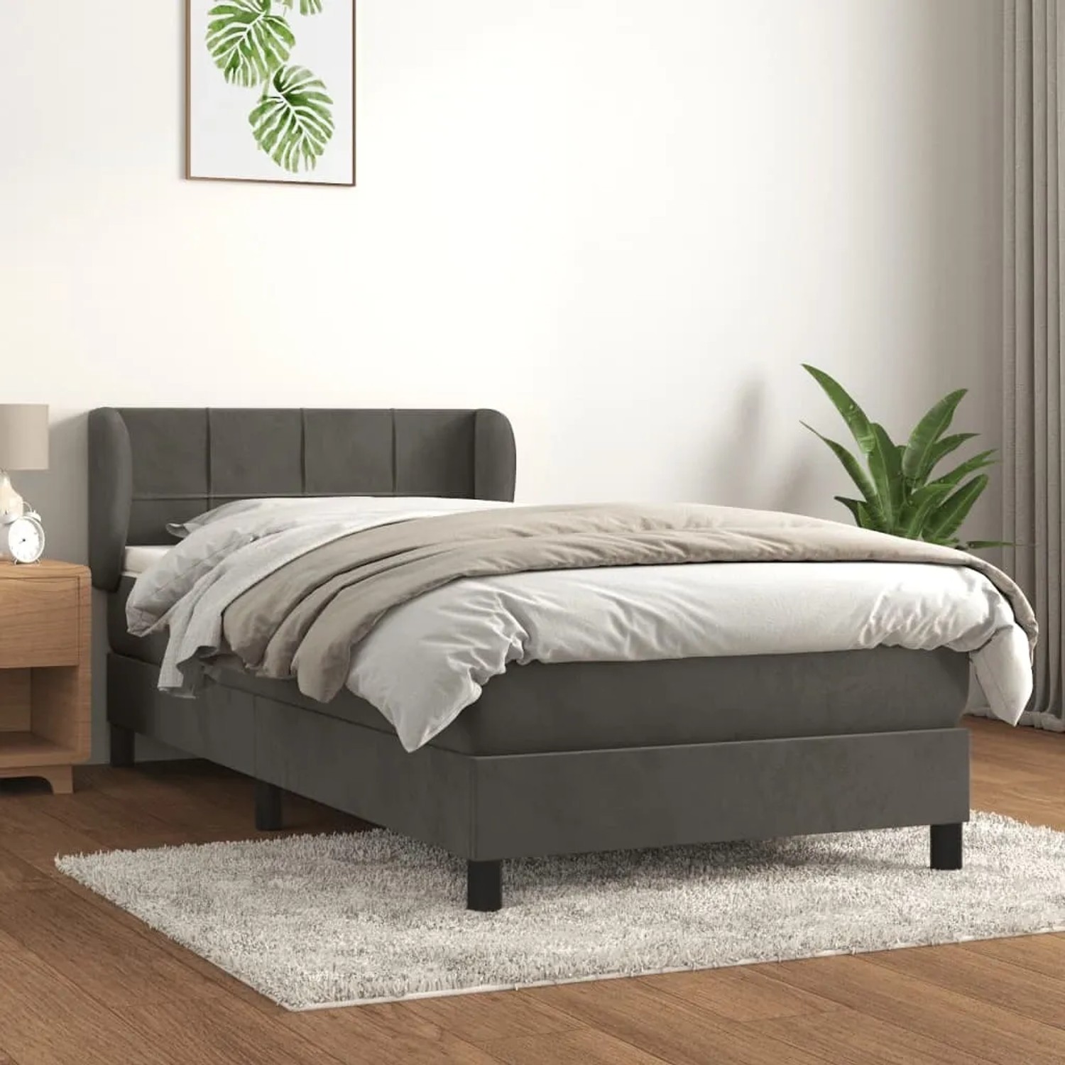 Dunkelgraues vidaXL Boxspringbett 100x200 cm mit Samtbezug, inklusive Matratze und Topper.