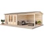 Alpholz Gartenhaus Freiburg-44 aus Holz mit Doppeltür und überdachter Terrasse.
