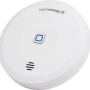 Weißer, runder Homematic IP Wassersensor SWD-2 mit blauem Knopf und Gitter. Erkennt Feuchtigkeit im Smart Home.