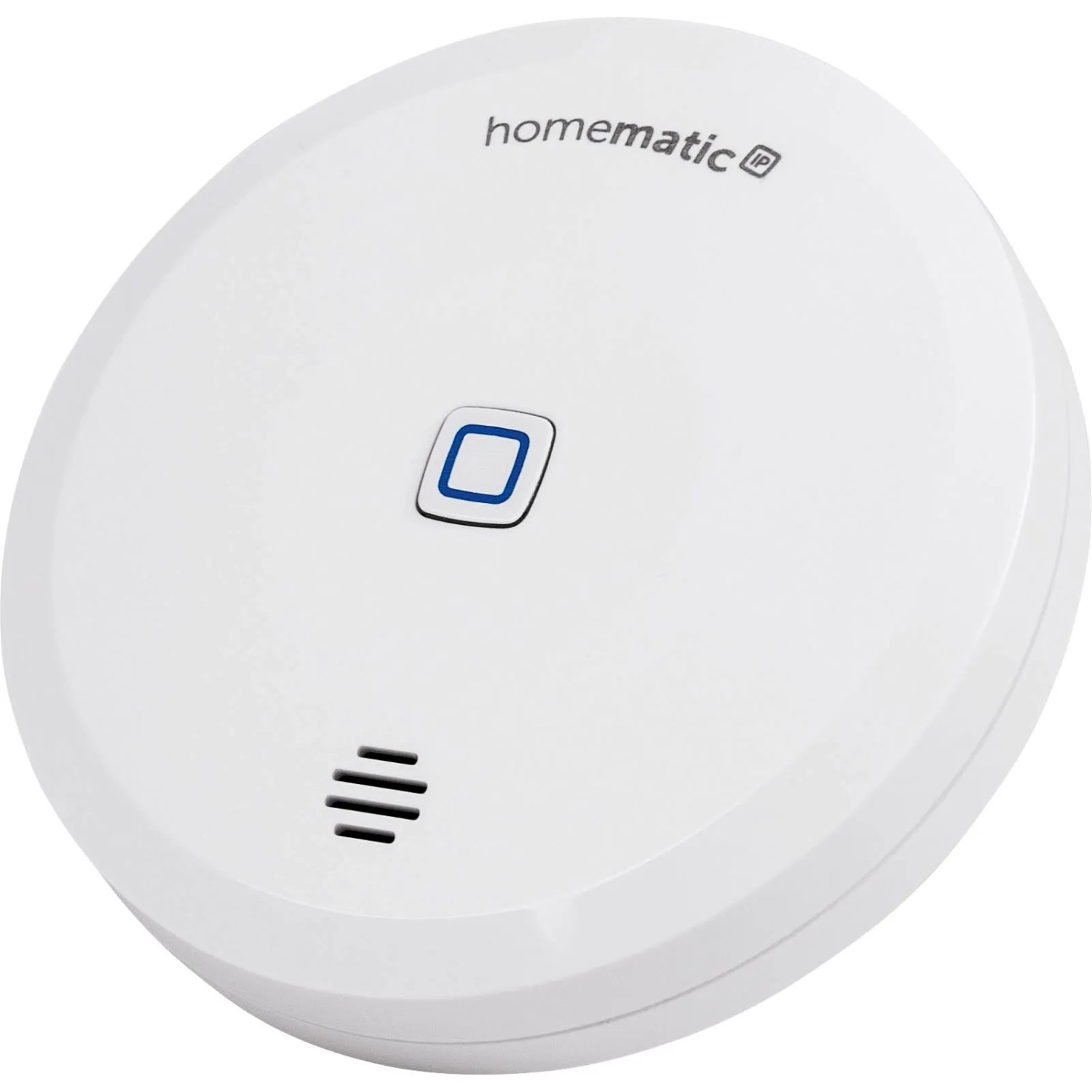 Weißer, runder Homematic IP Wassersensor SWD-2 mit blauem Knopf und Gitter. Erkennt Feuchtigkeit im Smart Home.