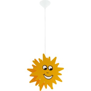 Gelbe Eglo Pendelleuchte Junior 3 mit Sonnenmotiv für Kinderzimmer.