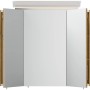 Posseik Spiegelschrank 75 cm Eiche Gold mit LED-Lampe und Glasböden, teilgeöffnet.