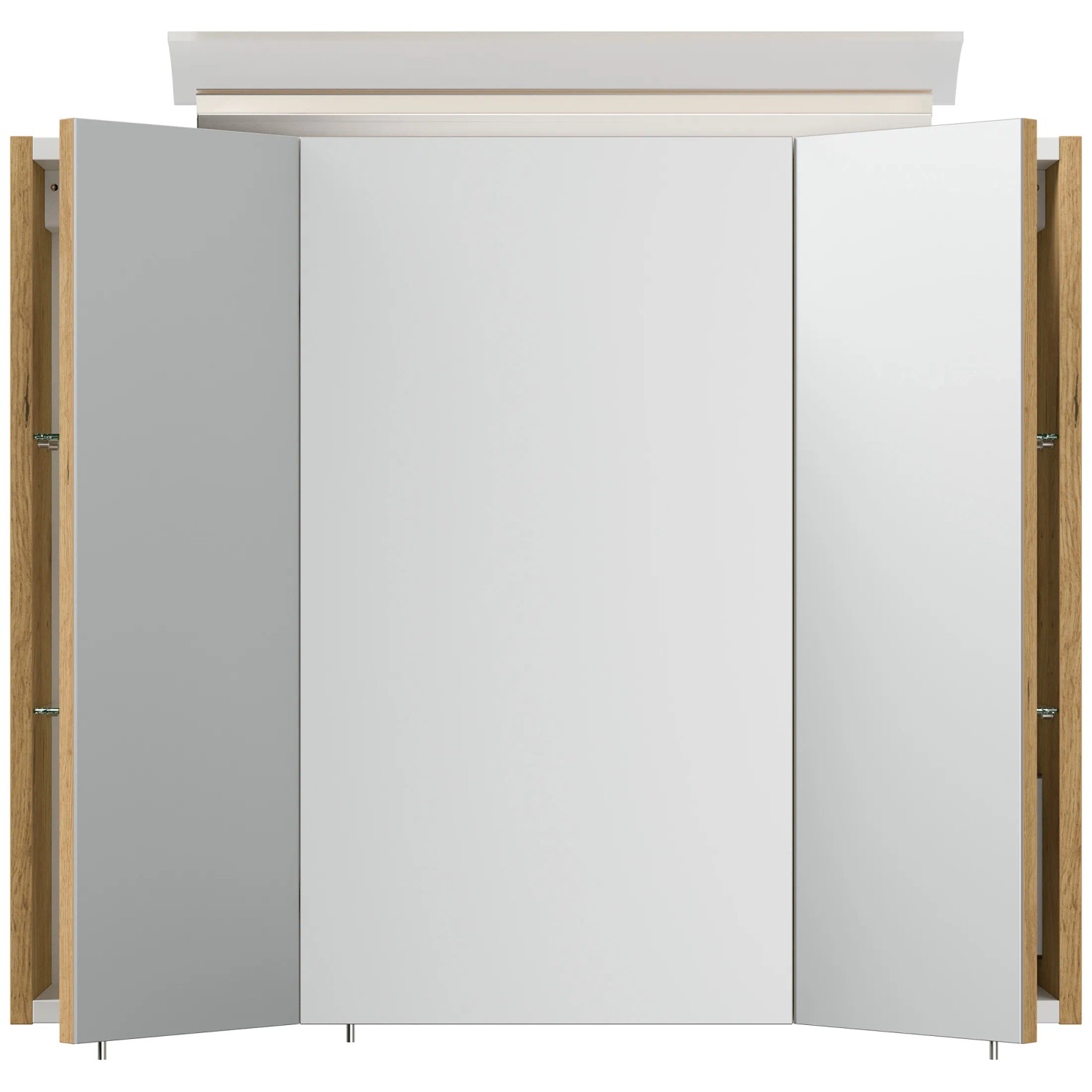 Posseik Spiegelschrank 75 cm Eiche Gold mit LED-Lampe und Glasböden, teilgeöffnet.