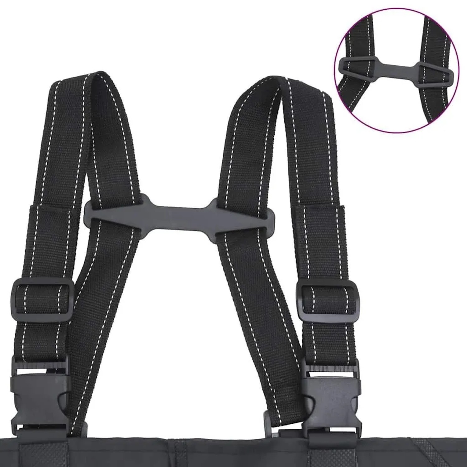 Detailansicht: Schwarze vidaXL Wathose mit verstellbaren Trägern und Schnallen.