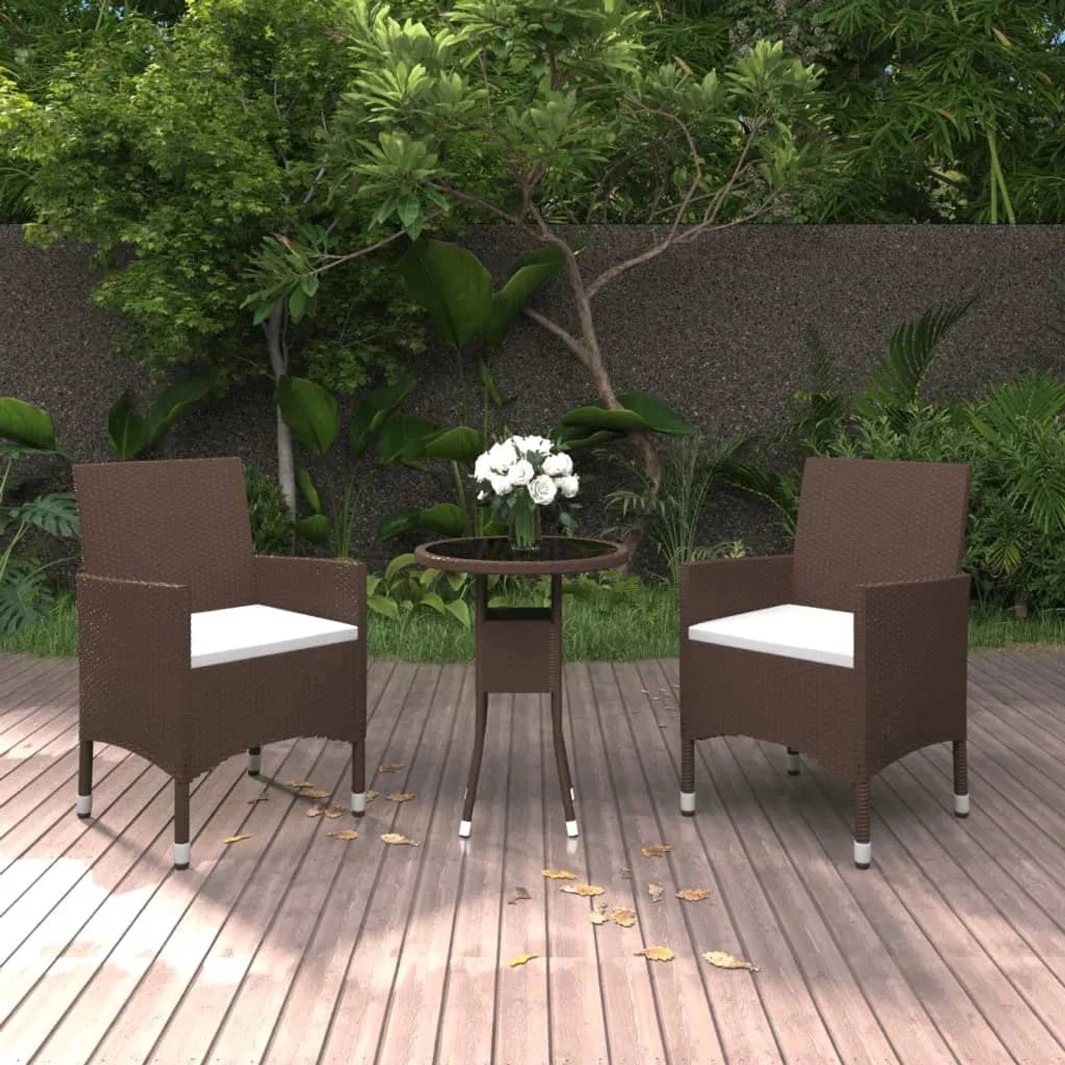 Braunes 3-tlg. Bistro-Set aus Rattan und Glas für Garten/Terrasse.