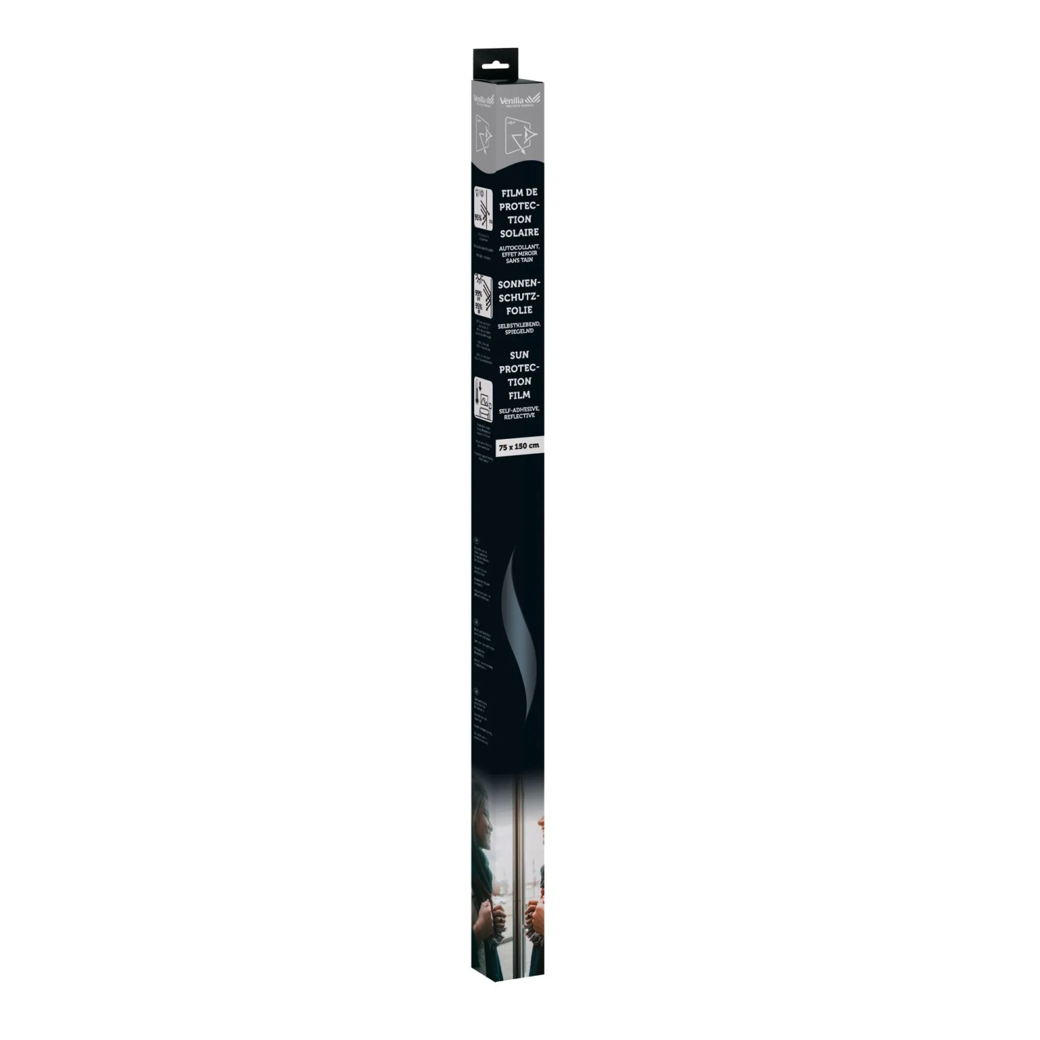 Verpackung der Venilia Fensterfolie Vitrostatic Premium, spiegelnd, 75x150cm.