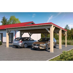 Holzbrüder Carport Ralf 42, Natur/Rot, mit zwei parkenden Autos. Robuster Carport mit rotem Dach.