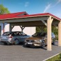Holzbrüder Carport Ralf 42, Natur/Rot, mit zwei parkenden Autos. Robuster Carport mit rotem Dach.