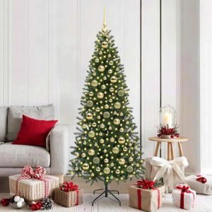 Goldenes Weihnachtskugel-Set mit 120 Kunststoffkugeln und 300 warmweißen LEDs, festlich am Weihnachtsbaum dekoriert.