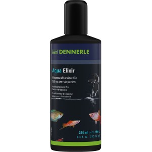 Schwarze 250 ml Flasche Aqua Elixier Wasseraufbereiter für Süßwasser-Aquarien. Etikett zeigt Fische und Wasserhahn.