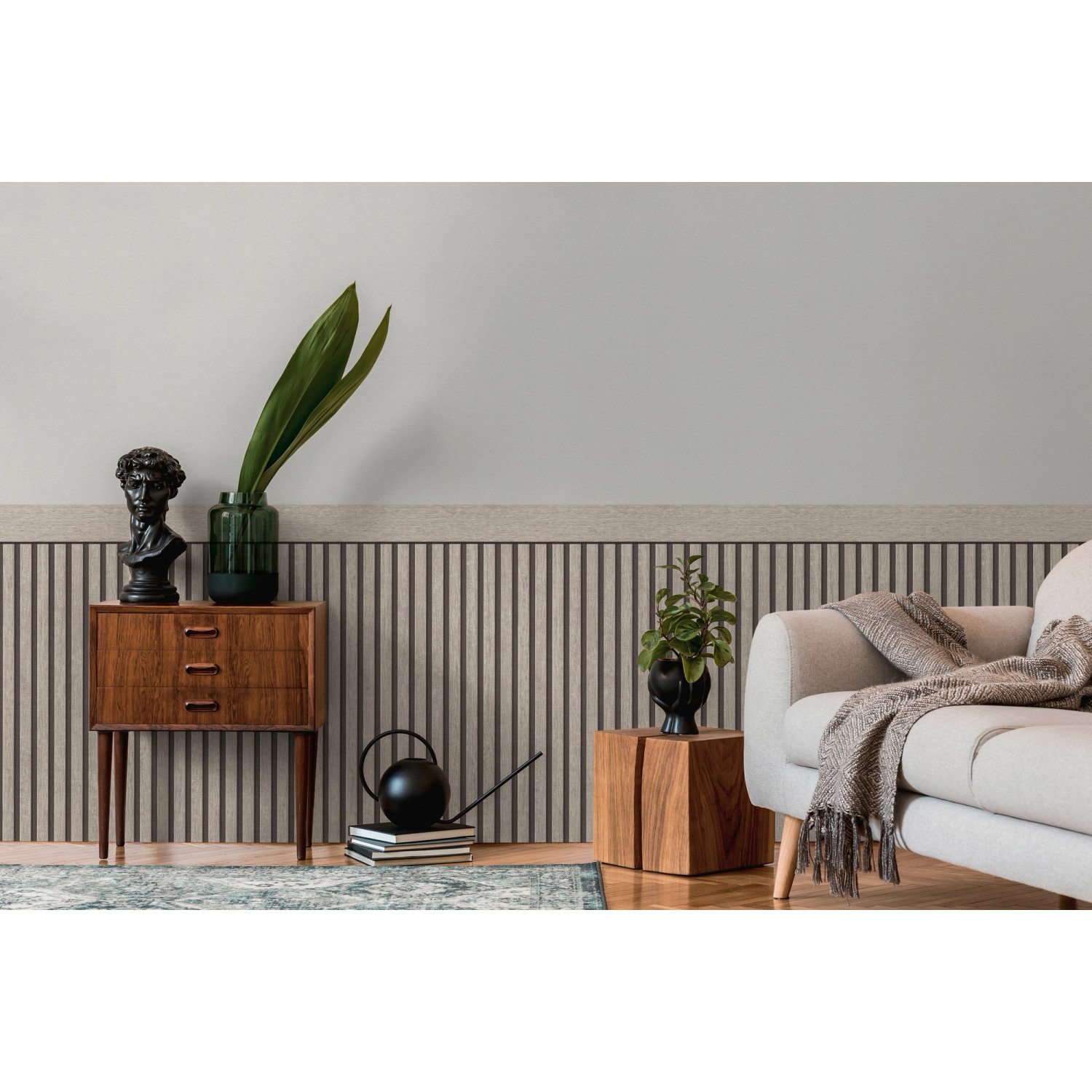 A.S. Creation Vliestapete Wallpanel in Grau-Schwarz mit 3D-Holzoptik im Wohnraum.