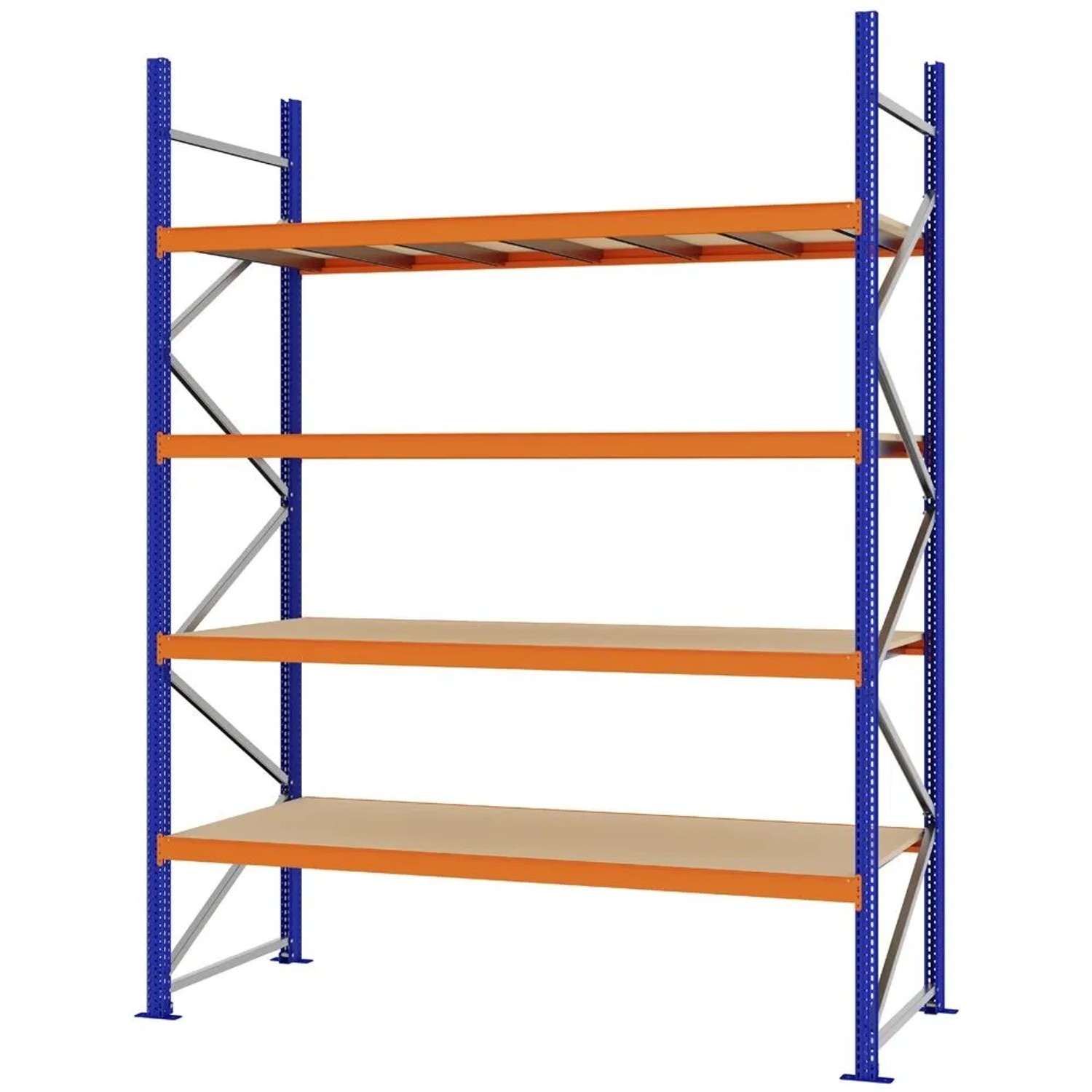 PROREGAL Weitspannregal Schraub-Stecksystem MAGNUS PRO Made In Germany Grundregal 300x225x80cm 4 Ebenen Spanplattenböden Fachlast 520kg Blau/Orange