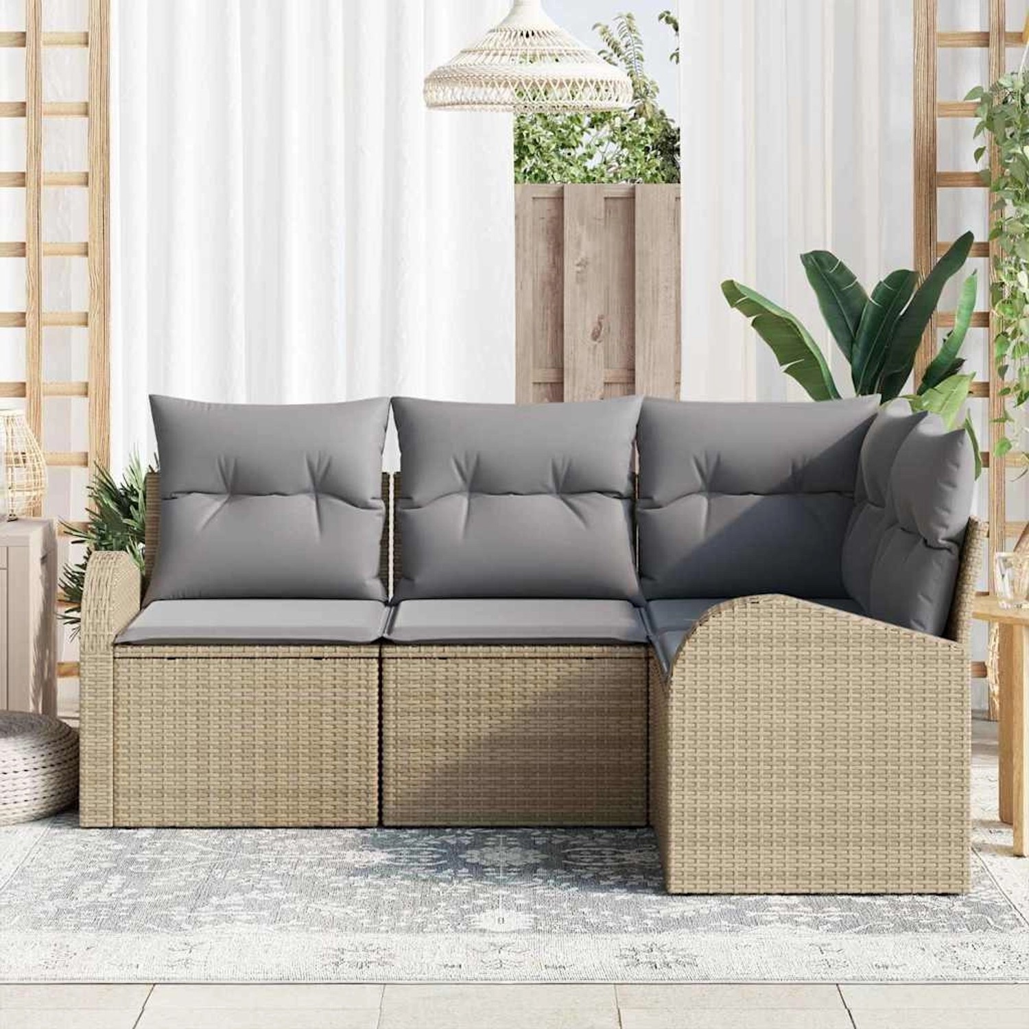 Beiges 4-tlg. vidaXL Garten-Sofa-Set aus Poly Rattan mit grauen Kissen.
