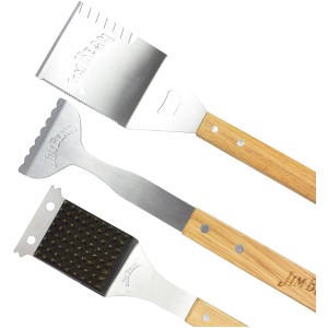 Jim Beam Grillbesteck, 3-teilig: Wender, Zange und Bürste aus Edelstahl mit Holzgriffen.