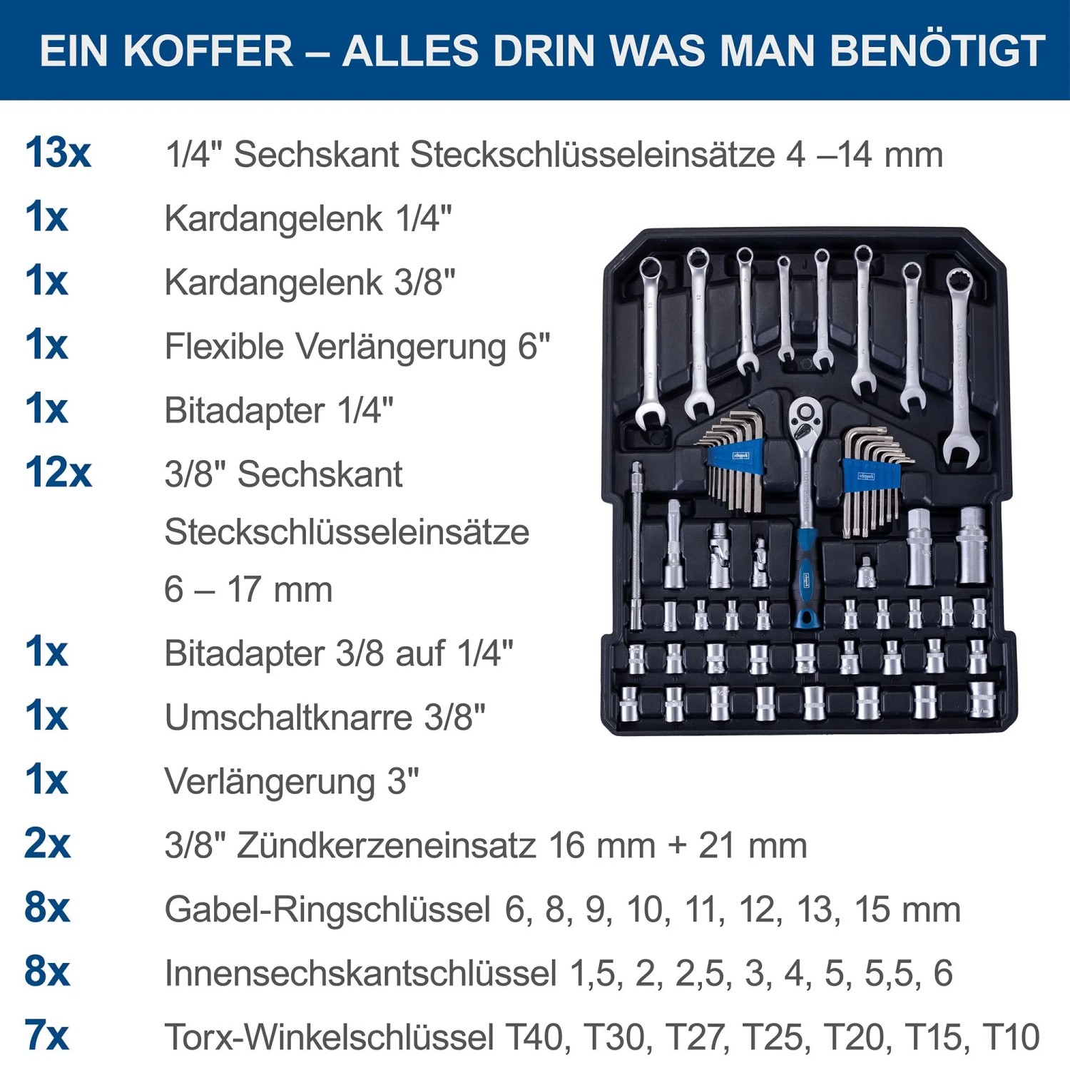 Offener Scheppach Werkzeugkoffer WZT187 mit 187-teiligem Set: Steckschlüssel, Ringschlüssel, Innensechskantschlüssel. Für Werkstatt & Haushalt.