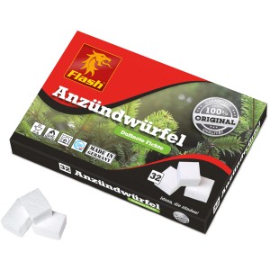 Flash Anzündwürfel Paraffin Fichte, 32 Stück im Karton. Anzünder für Grill, Kamin und Ofen.