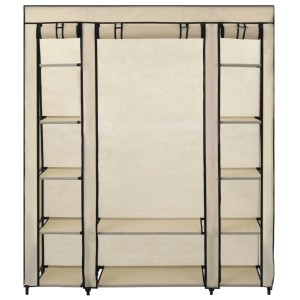 Cremefarbener Stoffschrank mit Fächern und Kleiderstangen, 150x45x176cm. Ideal zur Aufbewahrung von Kleidung.