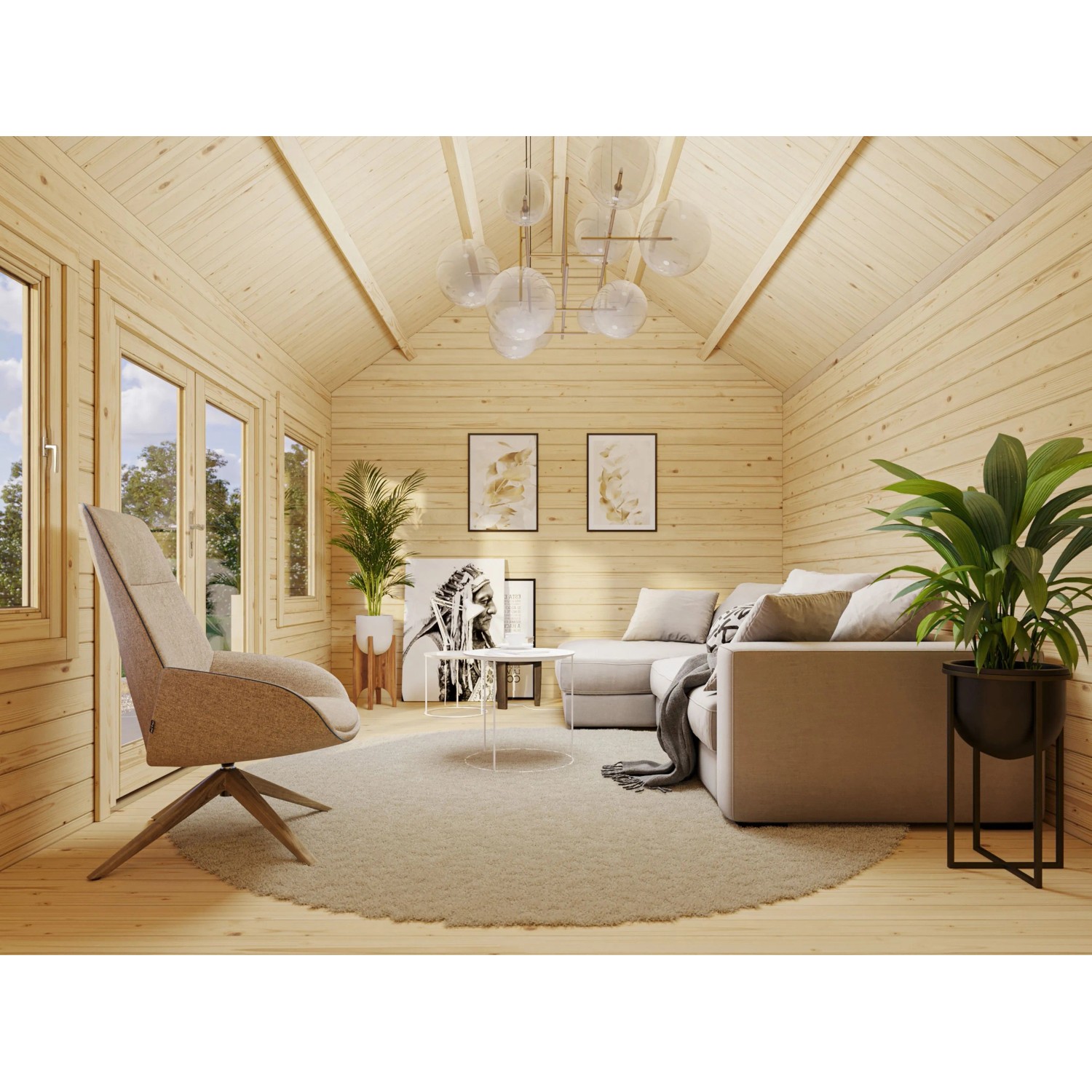 Innenansicht: Naturbelassenes Palmako Gartenhaus Claudia mit Möbeln. Holz-Gartenhaus mit Doppeltür und Fenster.