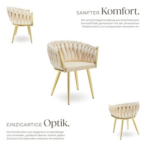 Gepolsterter Esszimmerstuhl Astano im 4er Set, sandfarben mit Samtbezug, eleganter Knotenoptik und goldenen Beinen.