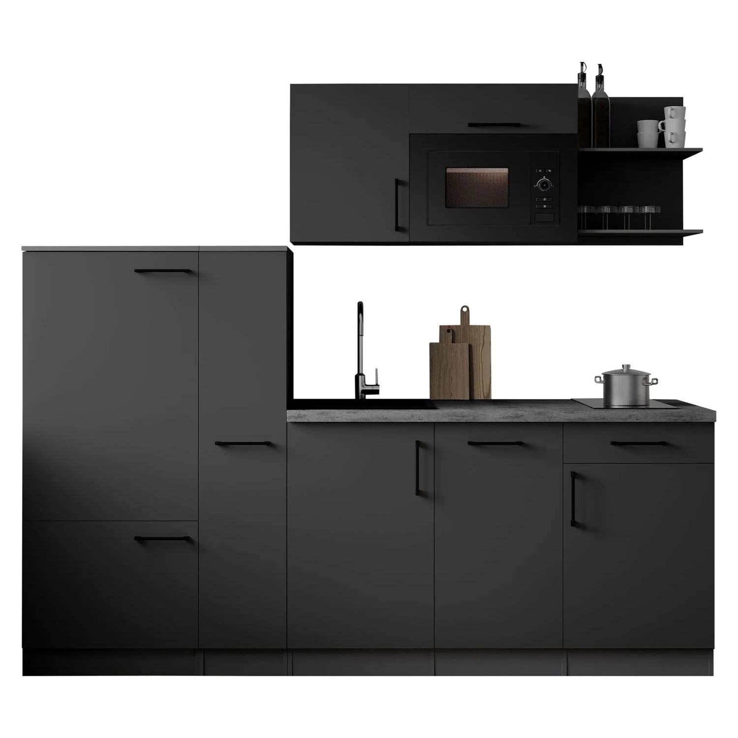 Respekta Singleküche Oliver 235 cm Kühlschrank Granit-Optik mit Mikrowelle