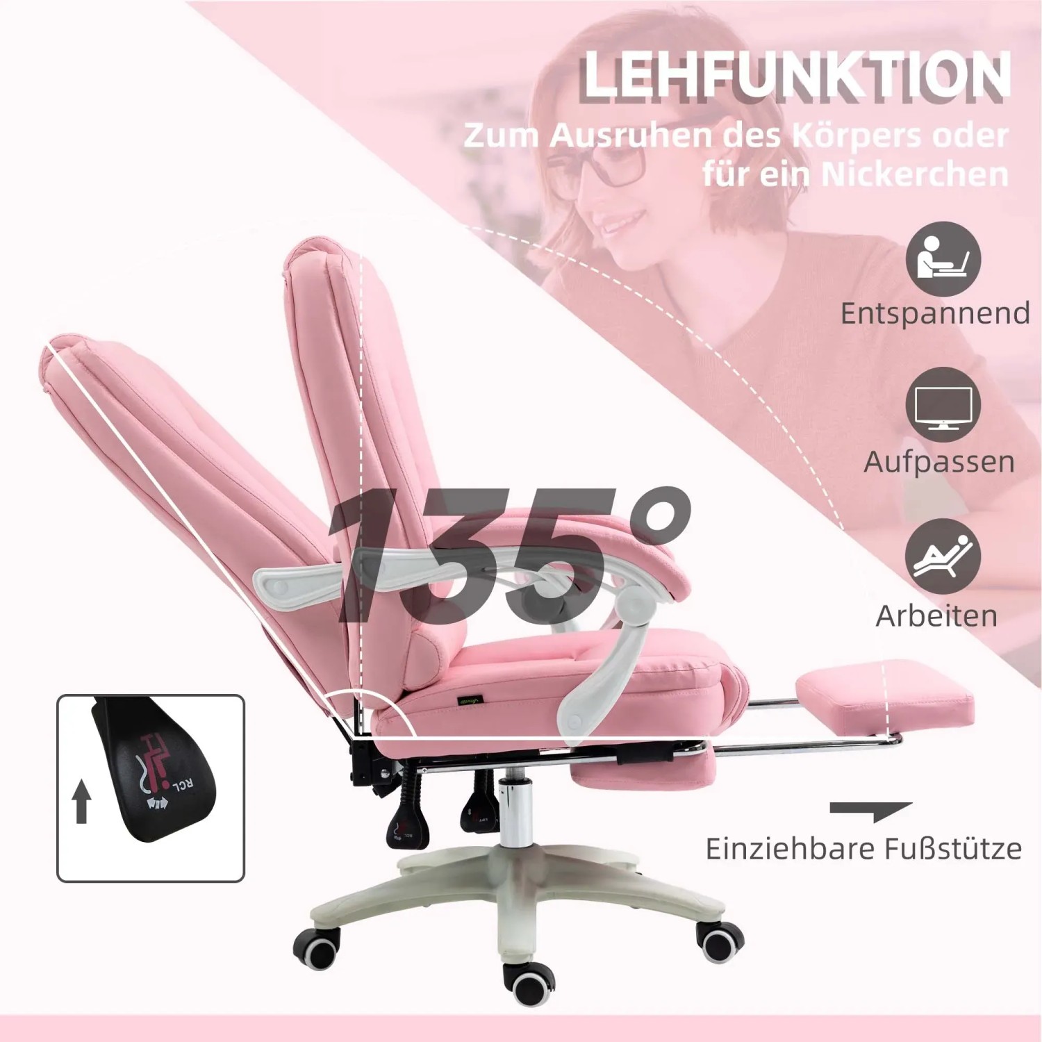 Rosa Vinsetto Chefsessel mit Fußstütze und Liegefunktion, seitliche Ansicht.