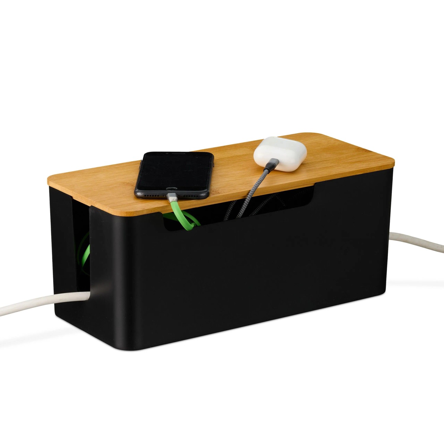 Relaxdays Kabelbox Kunststoff Bambus Schwarz mit Bambusdeckel 13 cm x 31 cm x 14 cm 0,5 kg