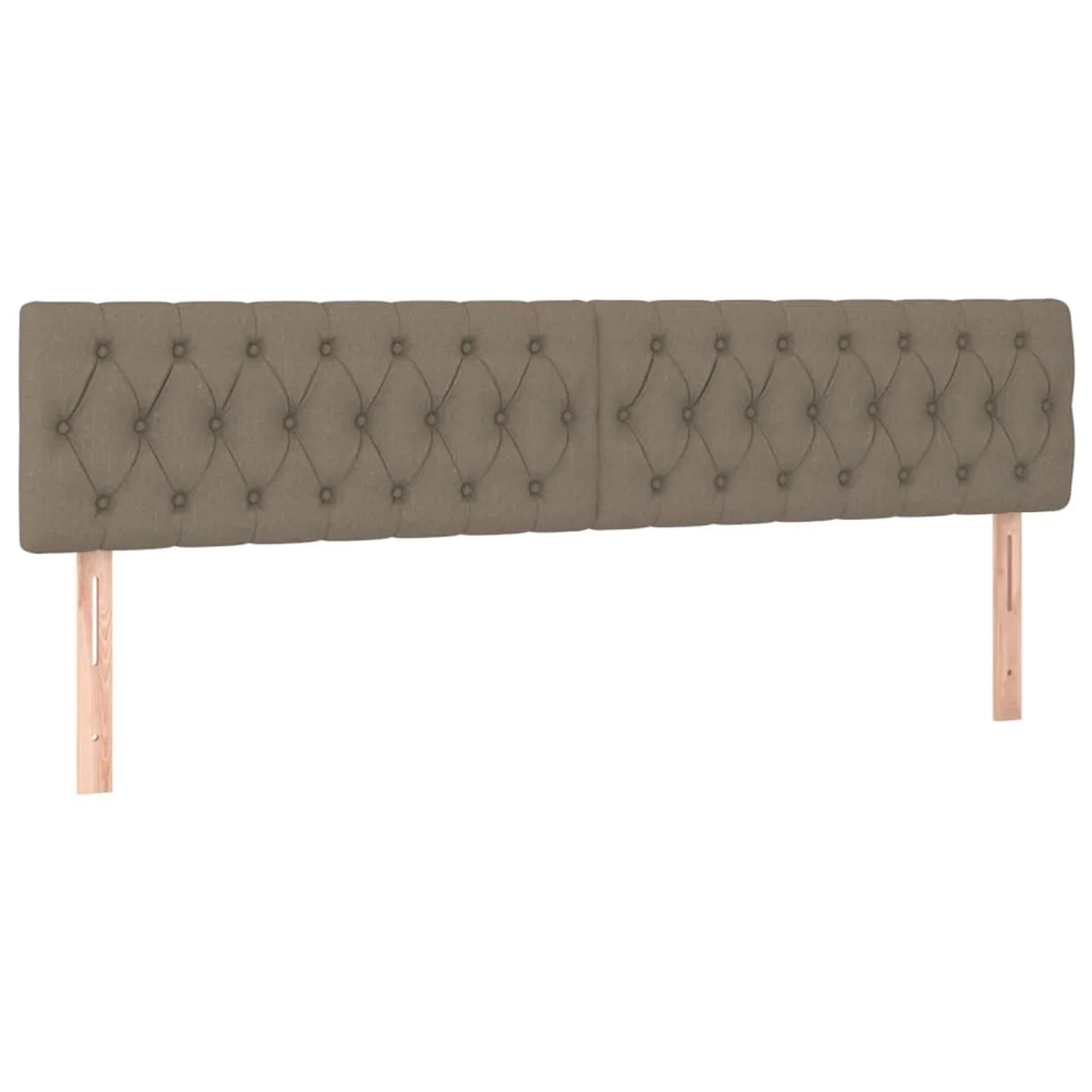 Boxspringbett Kopfteil in Taupe mit Knopfheftung, Stoffbezug und Holzfüßen.