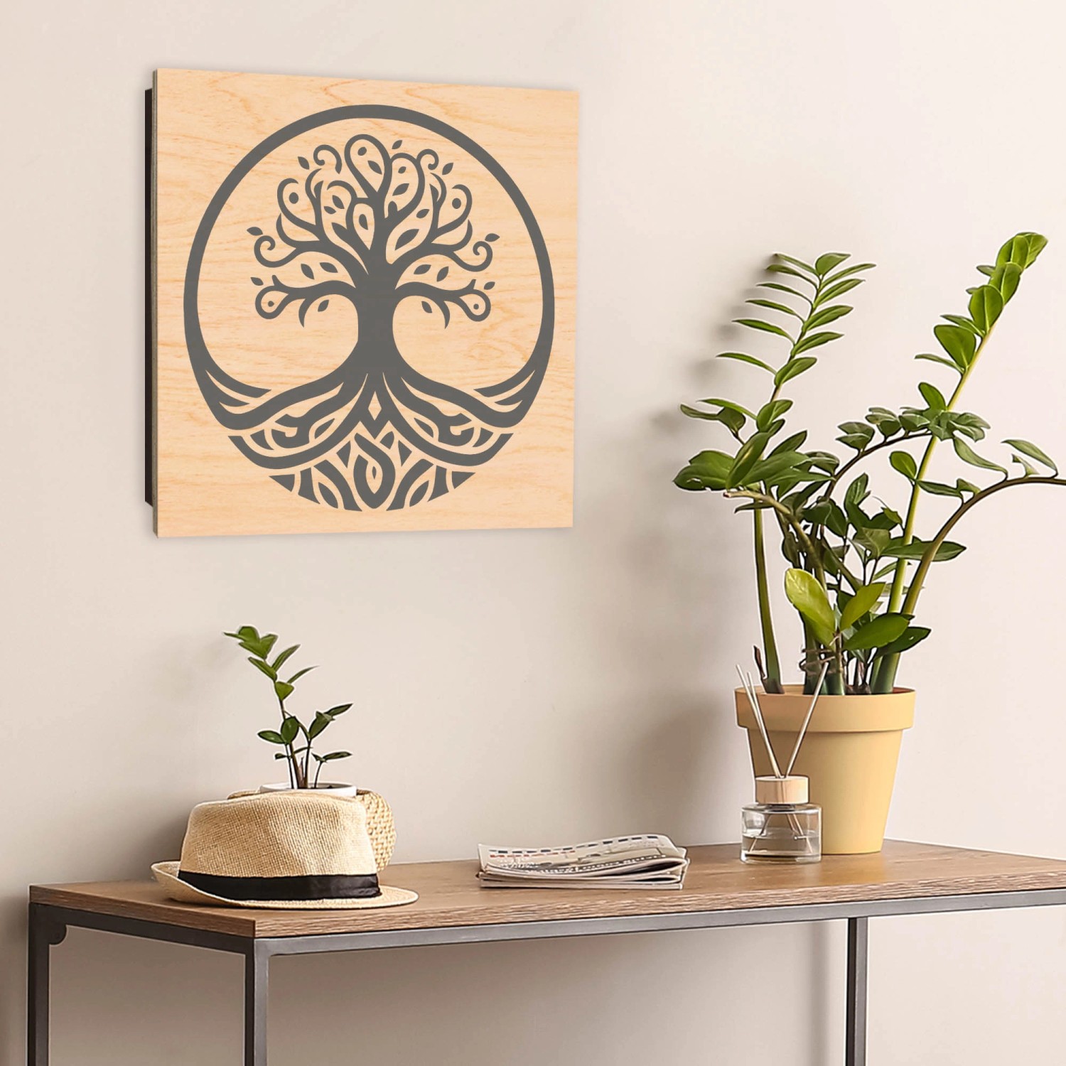 Banjado Schlüsselkasten aus Holz, 30x30cm, mit Lebensbaum-Motiv und 50 Haken zur Schlüsselaufbewahrung.