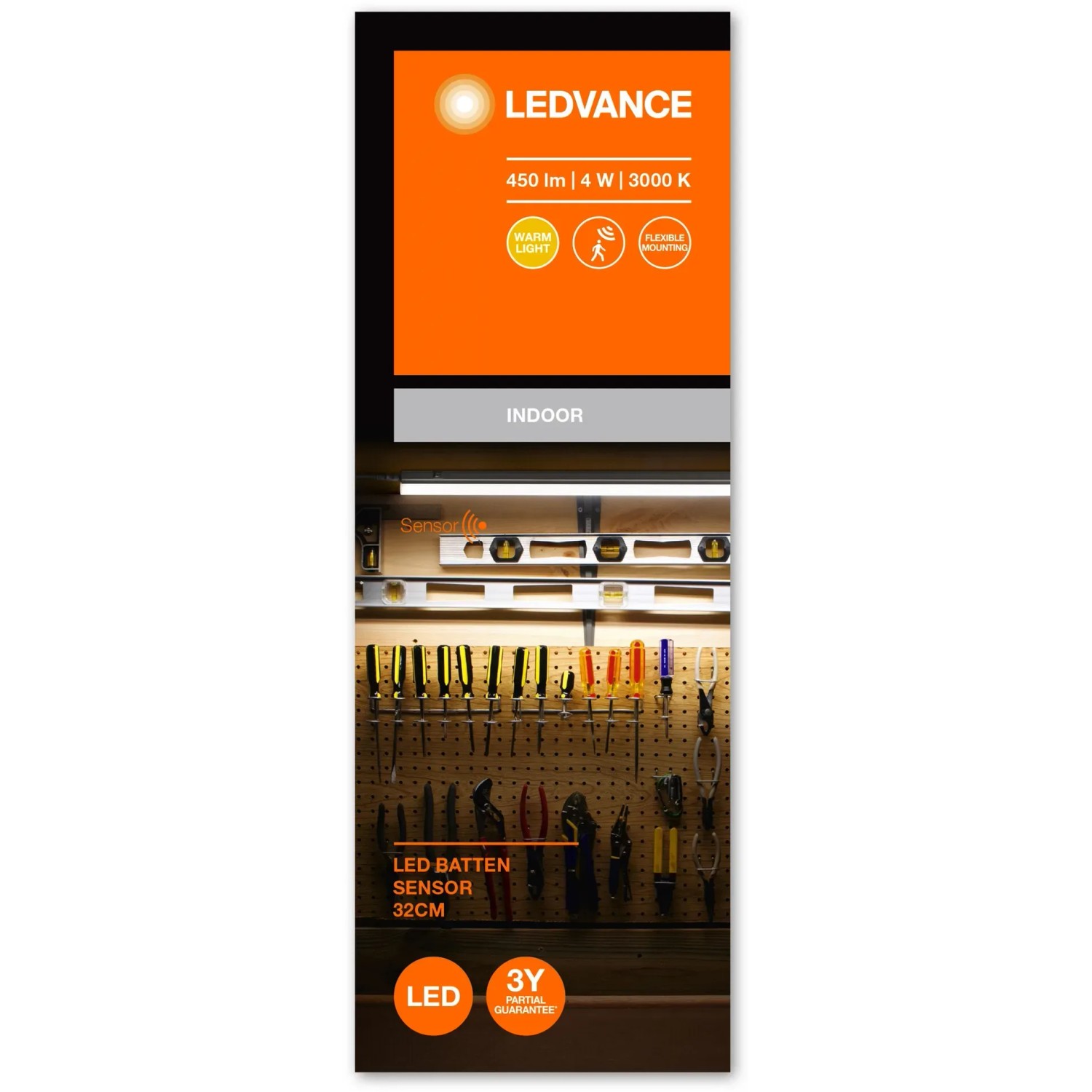 Ledvance LED-Unterbauleuchte Batten Sensor, 32 cm, weiße Lichtleiste mit Bewegungssensor.