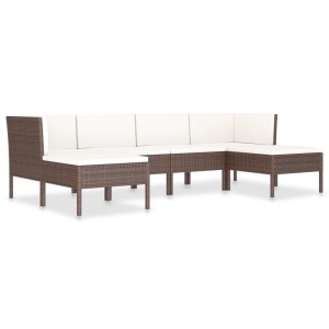 Braunes 6-tlg. vidaXL Garten-Lounge-Set aus Rattan mit cremeweißen Auflagen.