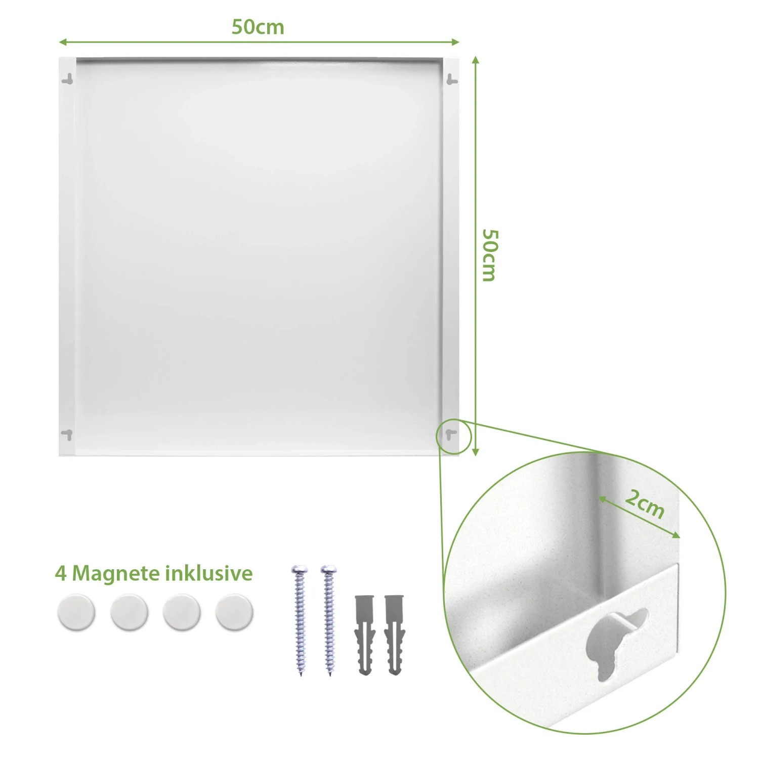 Weiße Banjado Magnettafel 50x50 cm mit 4 Magneten und Montagematerial. Wanddekoration für Büro und Zuhause.