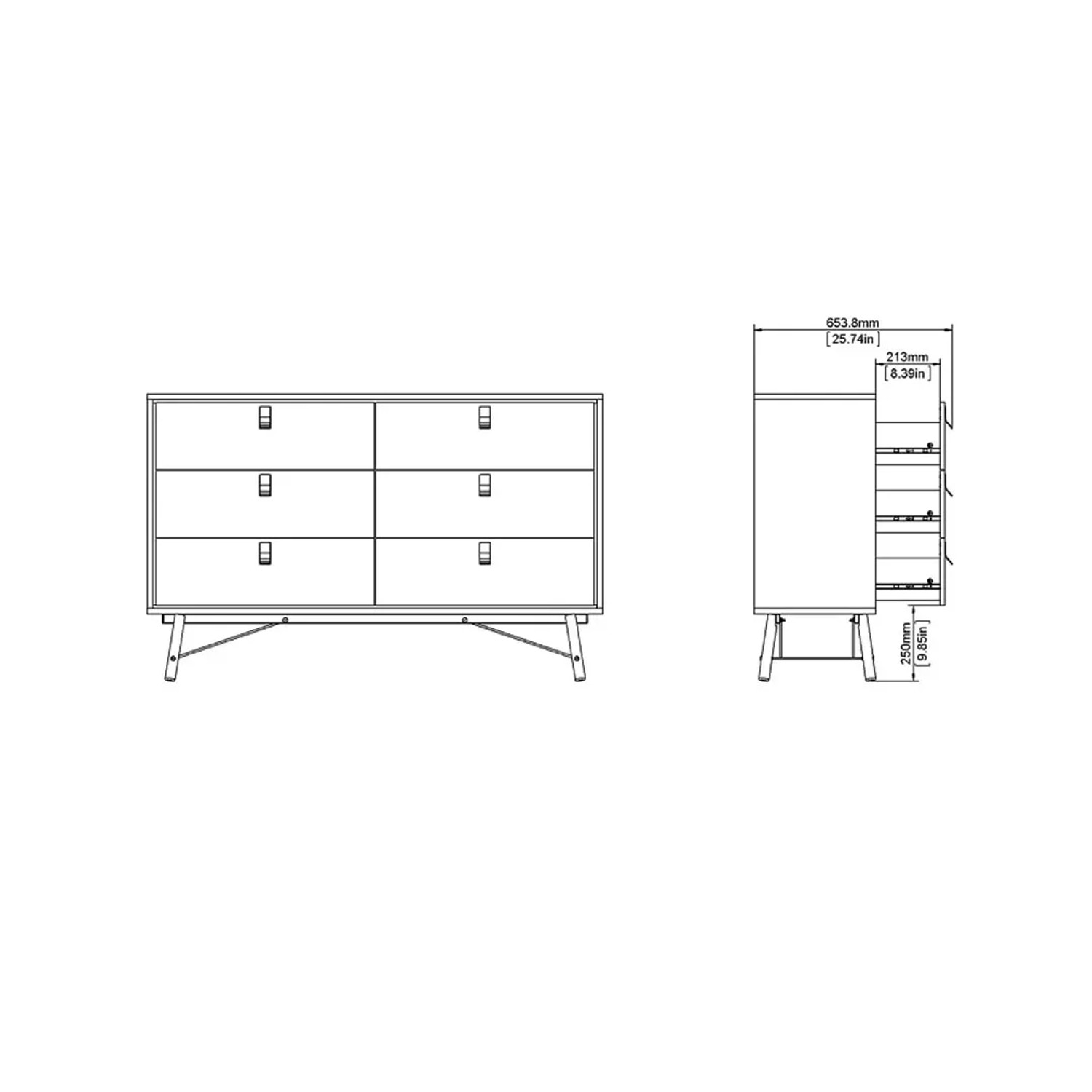 Skizze einer breiten, mattweißen ebuy24 Rye Kommode mit 6 Schubladen.