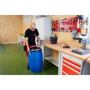 Blaues 60L Kunststoff-Weithalsfass mit Deckel und UN-Kennzeichnung für Ernte und Lagerung.