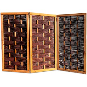 3-teiliger Noor Paravent Deluxe aus Weide mit Holzrahmen in Naturfarbe.