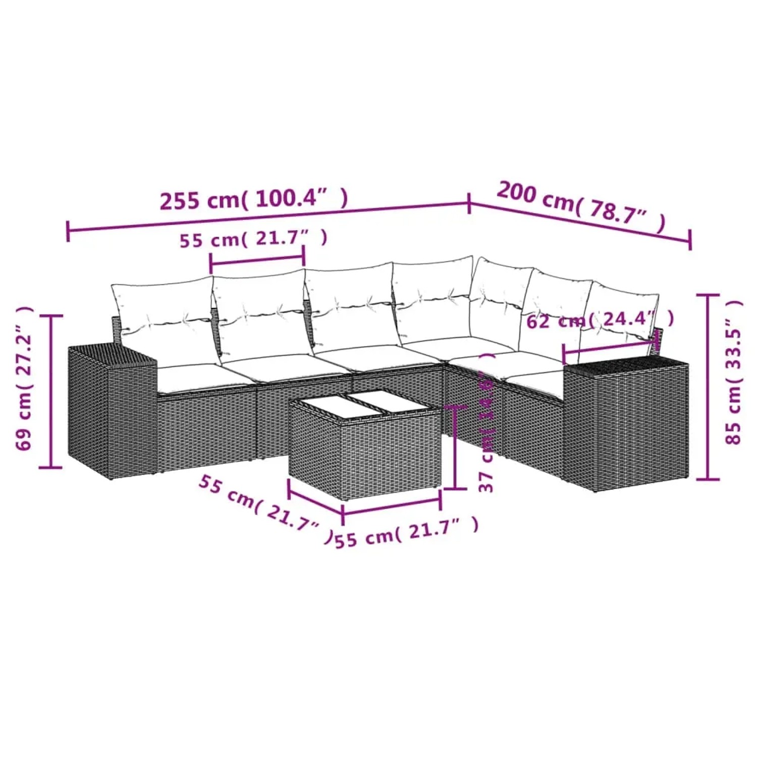 Beige 7-teilige Garten-Sofagarnitur aus Polyrattan mit Kissen. Gartenmöbel für Terrasse und Garten.
