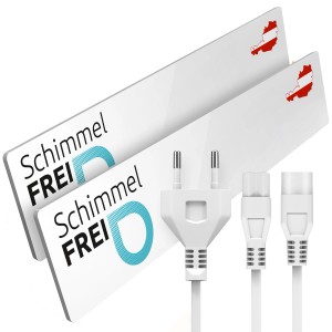 Schimmel Dry Komplett-Set M1 und M2: Zwei weiße Module mit Stecker und Kabel zur Schimmelbekämpfung.