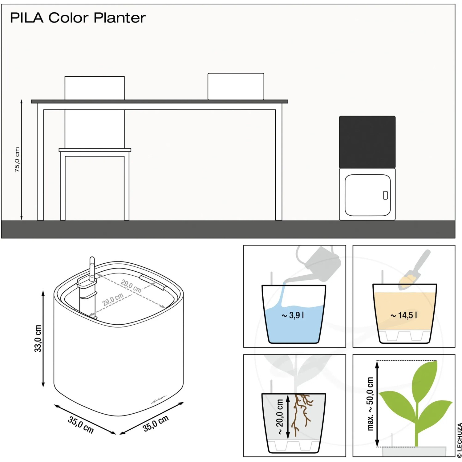 Lechuza Pila Color Pflanzgefäß, schiefergrau, mit Maßangaben und Hinweisen zur Bepflanzung.