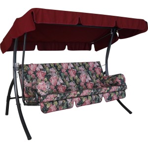 Angerer Hollywoodschaukel Trend Dresden, 3-Sitzer, schwarz mit Blumenmuster und rotem Sonnendach.