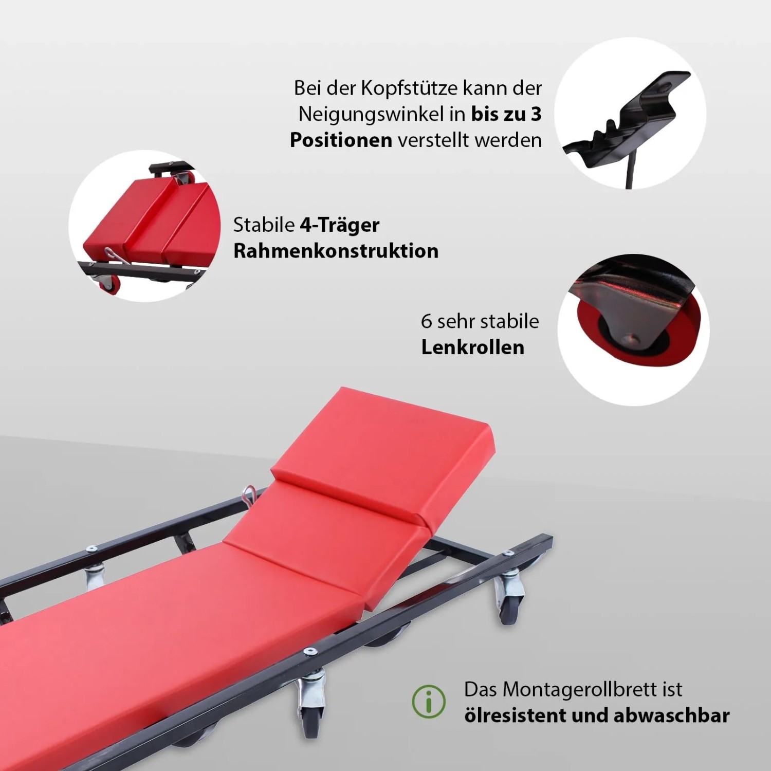 TRUTZHOLM Montageliege 100cm, rot, mit 6 Rollen und verstellbarer Kopfstütze für Werkstatt und Autoreparatur.