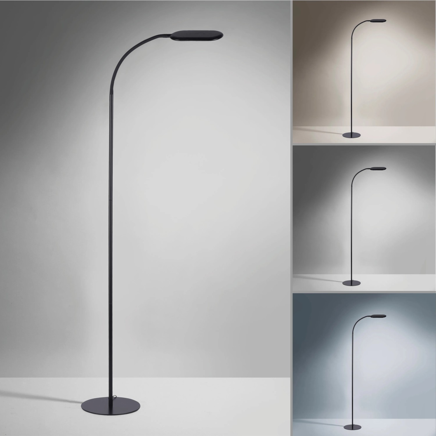 Schwarze LED Stehleuchte Kelly, 175cm hoch, mit Touchdimmer und verstellbarer Lichtfarbe.