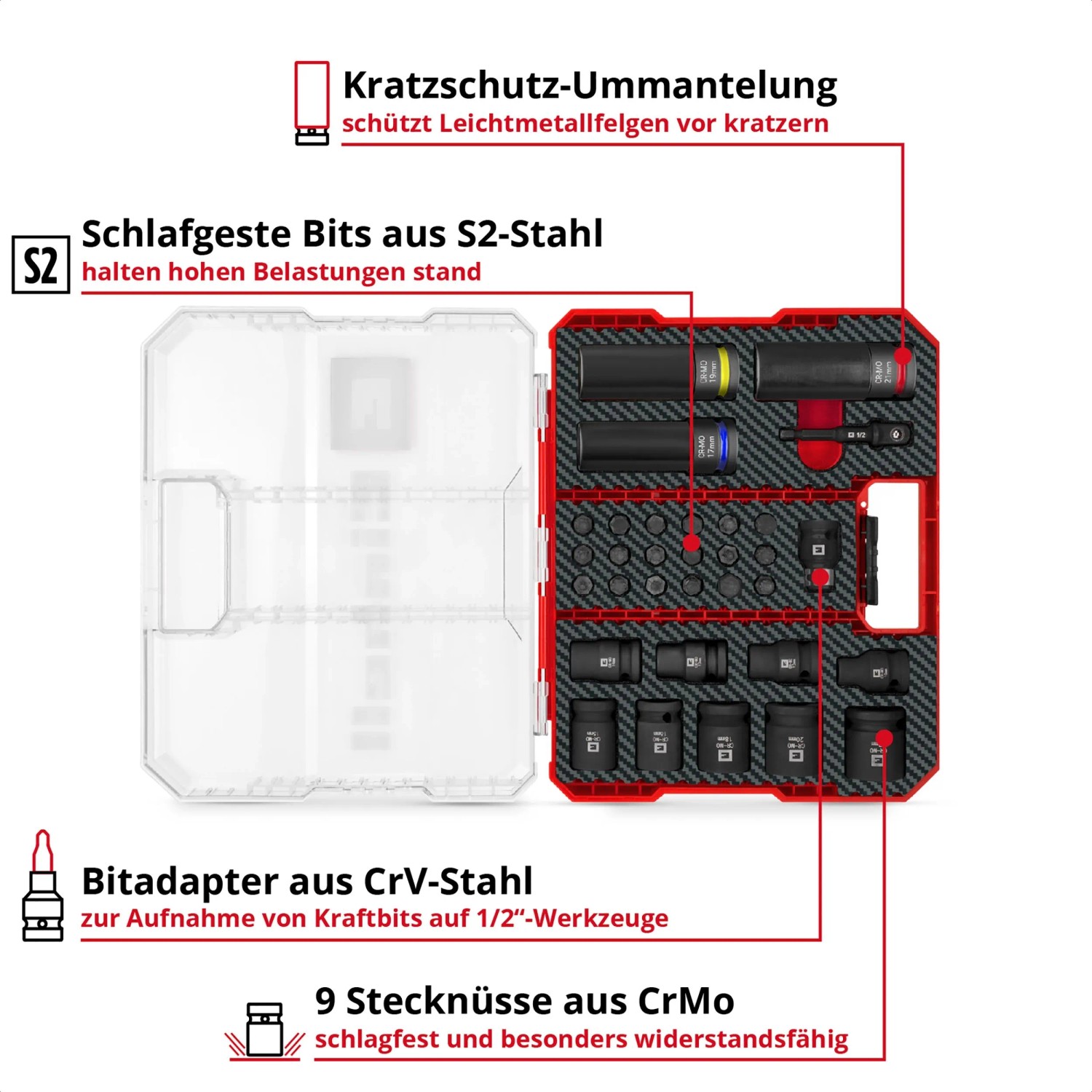 Einhell KFZ Impact Stecknuss Bit Set, 32-teilig im XL Case, 1/2 Zoll.