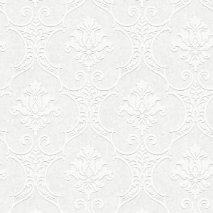 Weiße, überstreichbare Vliestapete mit Barock Ornamenten für Wohn- und Schlafzimmer.