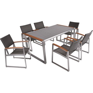 7-teiliges Garden Pleasure Gartenmöbel-Set Ava in Grau mit Tisch und sechs Stühlen.